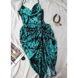 Teal Ruched Midi Dress Asymmetrical